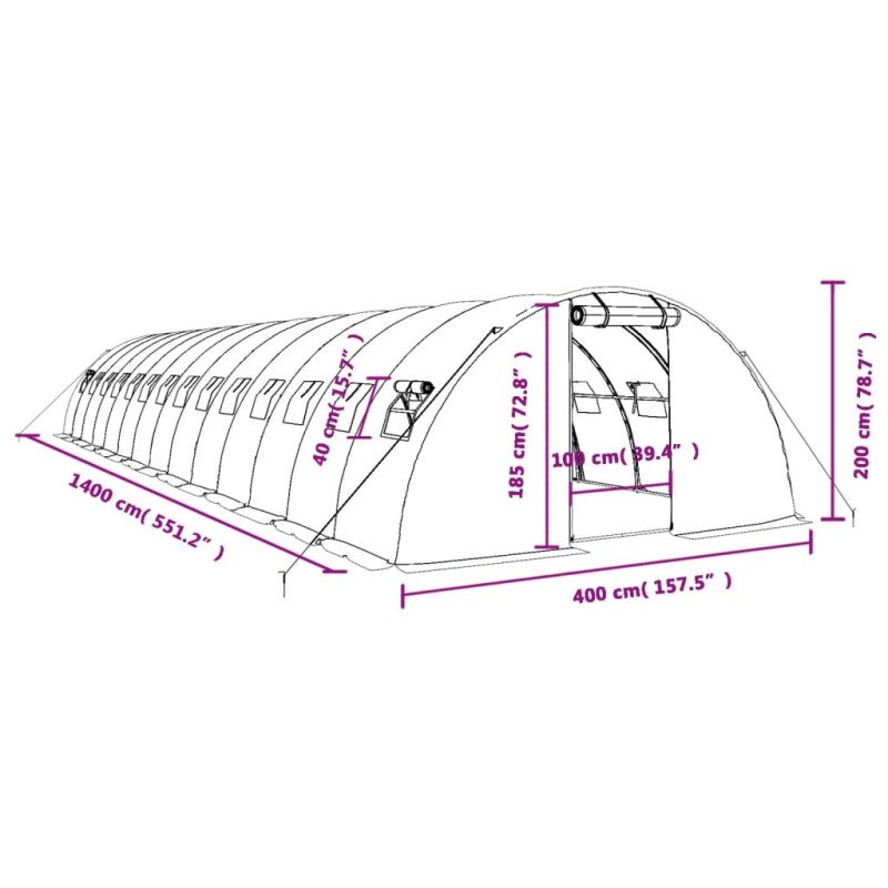 vidaXL Fóliovník s oceľovým rámom zelený 56 m² 14x4x2 m