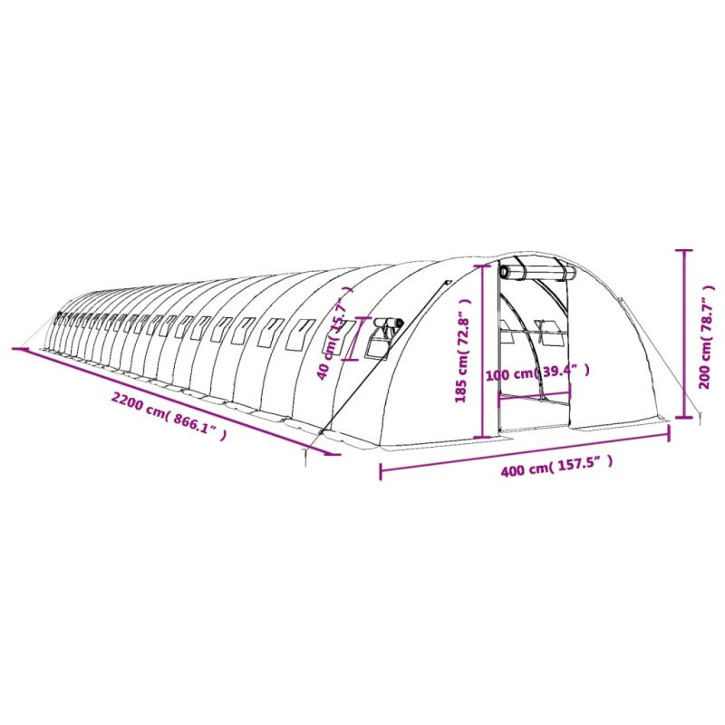 vidaXL Fóliovník s oceľovým rámom zelený 88 m² 22x4x2 m