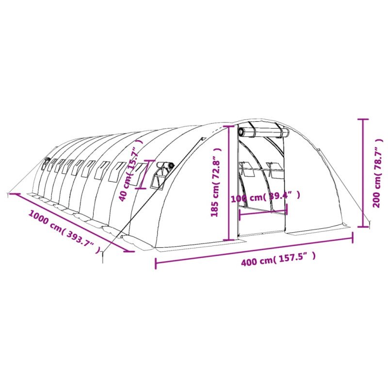 vidaXL Fóliovník s oceľovým rámom zelený 40 m² 10x4x2 m