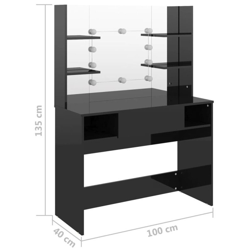 vidaXL Toaletný stolík s LED svetlami 100x40x135 cm MDF lesklý čierny