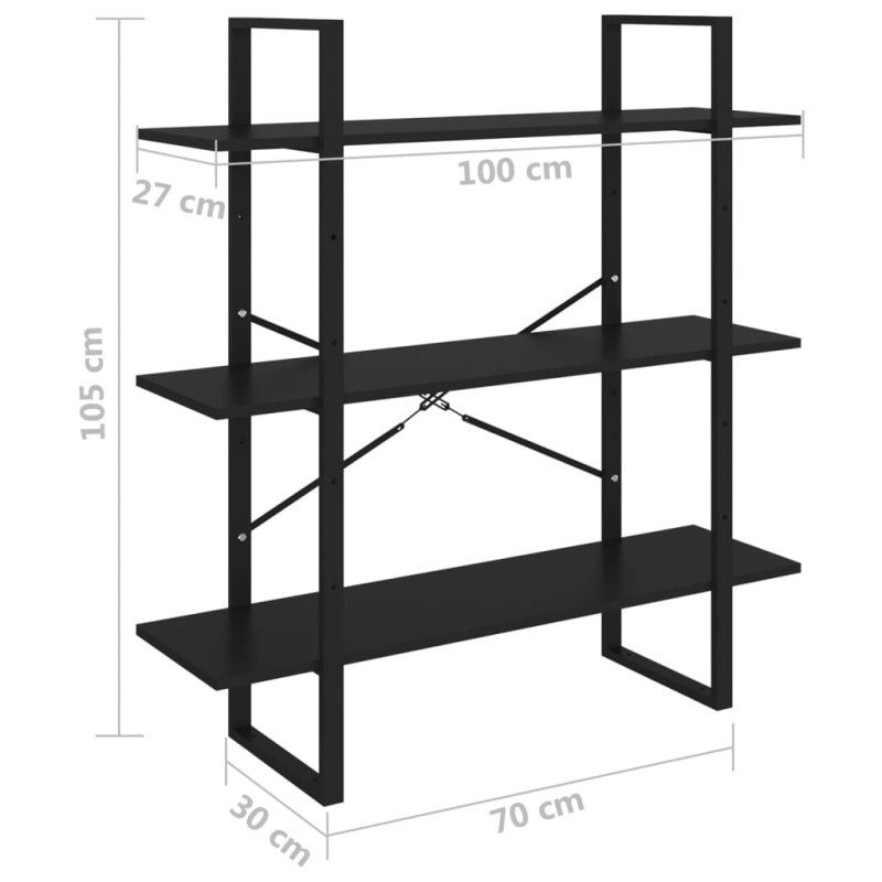 vidaXL Knižnica s 3 policami čierna 100x30x105 cm masívna borovica 
