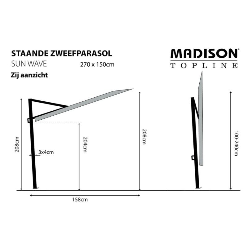 Madison Slnečník na balkón Sun Wave 270x150 cm, svetlosivý