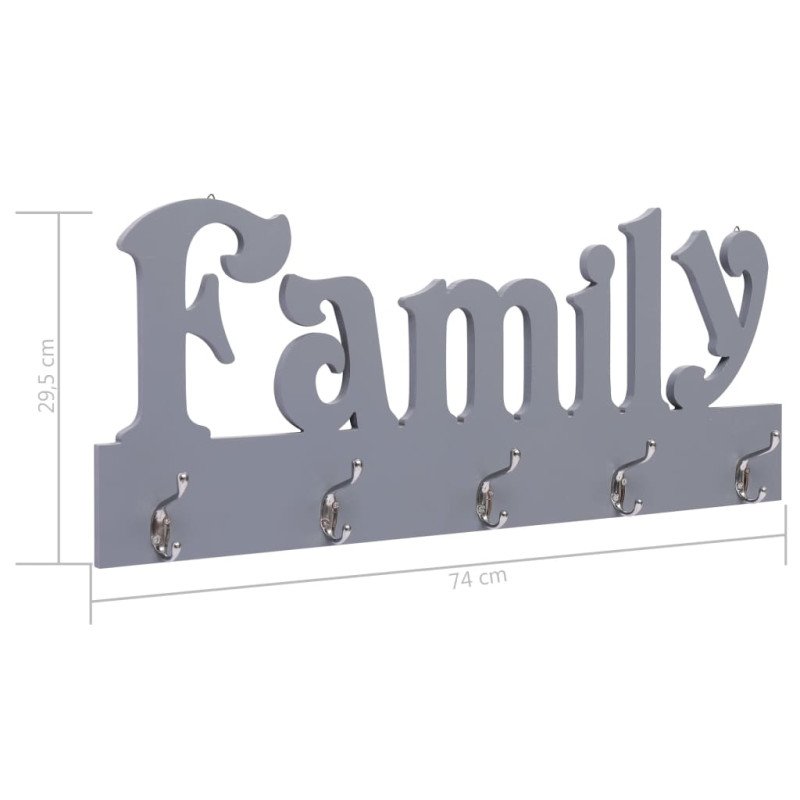 vidaXL Nástenný vešiak FAMILY sivý 74x29,5 cm