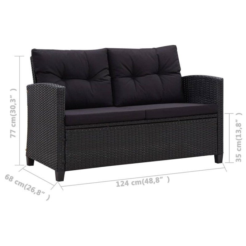 vidaXL 2-miestna záhradná pohovka s podložkami čierna 124 cm polyratanová