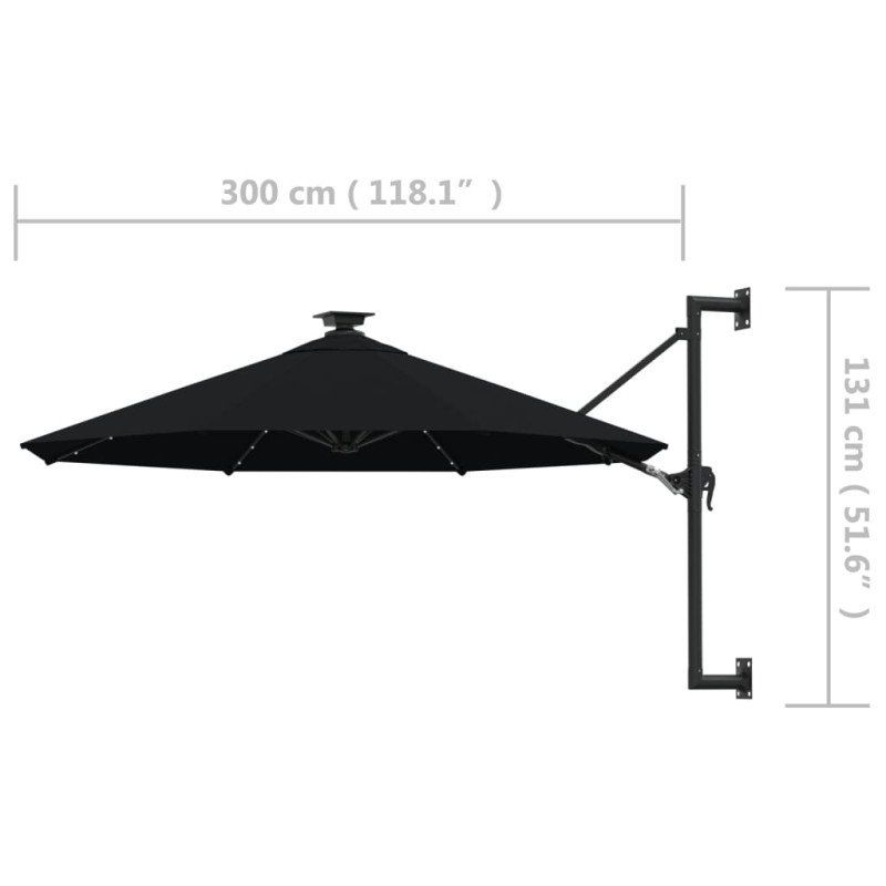 vidaXL Nástenný slnečník s LED a kovovou tyčou 300 cm čierny