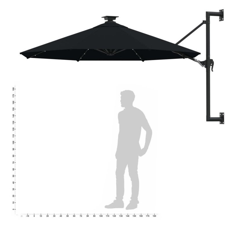 vidaXL Nástenný slnečník s LED a kovovou tyčou 300 cm čierny