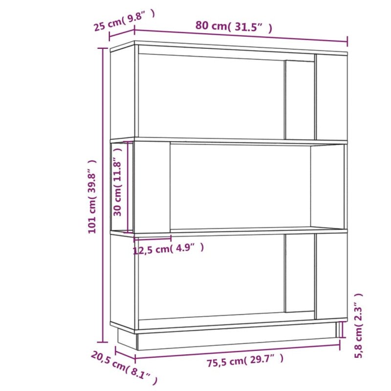 vidaXL Knižnica/deliaca stena 80x25x101 cm masívna borovica