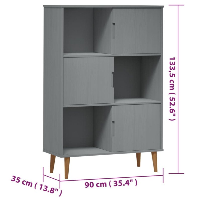 vidaXL Knižnica MOLDE, sivá 90x35x133,5 cm, borovicový masív