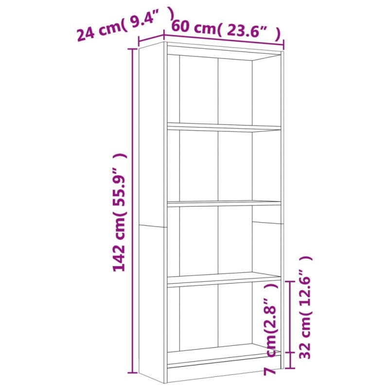 vidaXL 4-poschodová knižnica hnedý dub 60x24x142 cm spracované drevo