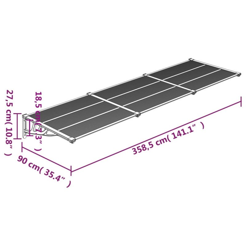 vidaXL Vchodová strieška čierna 358,5x90 cm polykarbonát