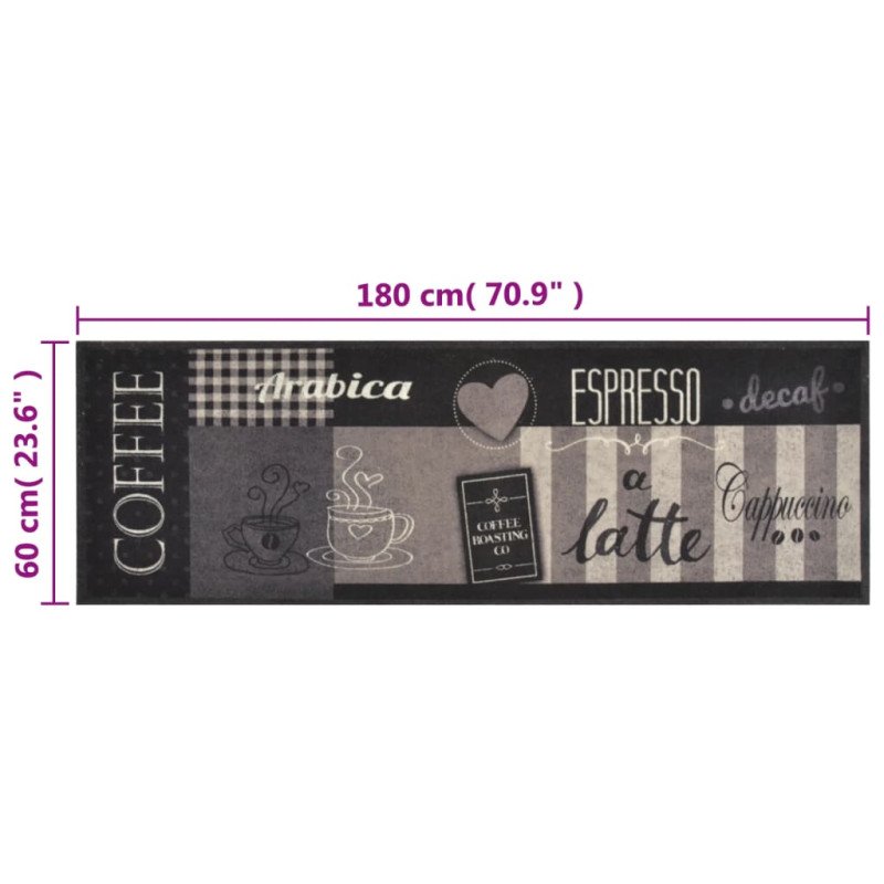 vidaXL Kuchynský koberec umývateľný Coffee čierny 60x180 cm zamat