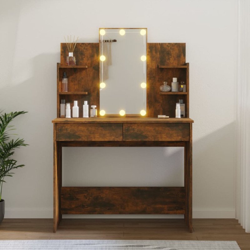 vidaXL Toaletný stolík s LED dymový dub 96x40x142 cm