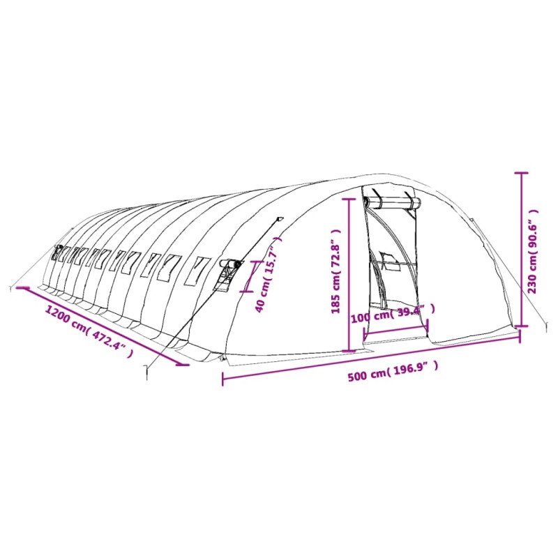vidaXL Fóliovník s oceľovým rámom zelený 60 m² 12x5x2,3 m