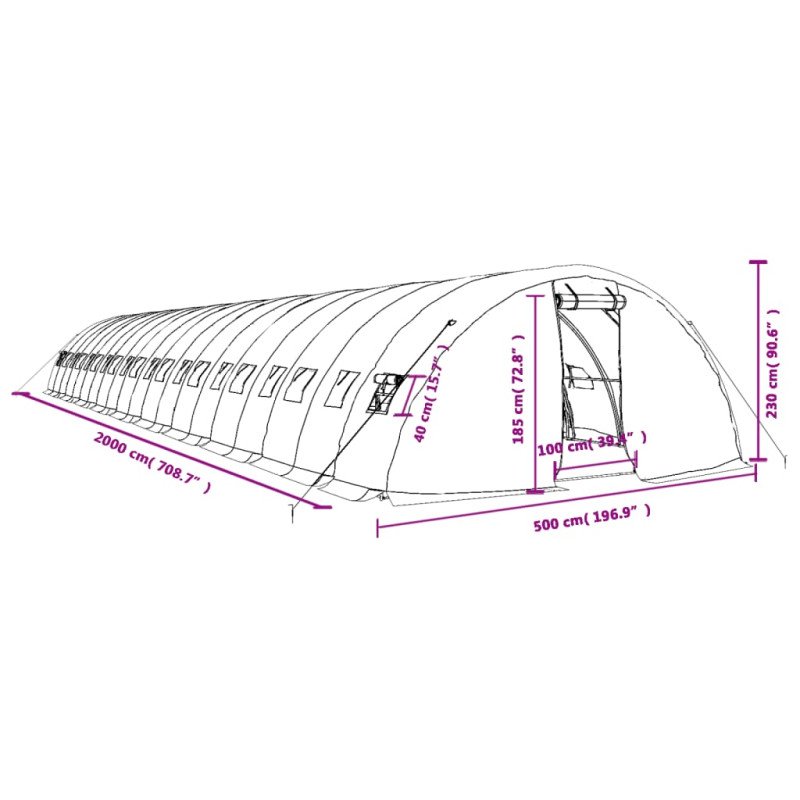 vidaXL Fóliovník s oceľovým rámom zelený 100 m² 20x5x2,3 m