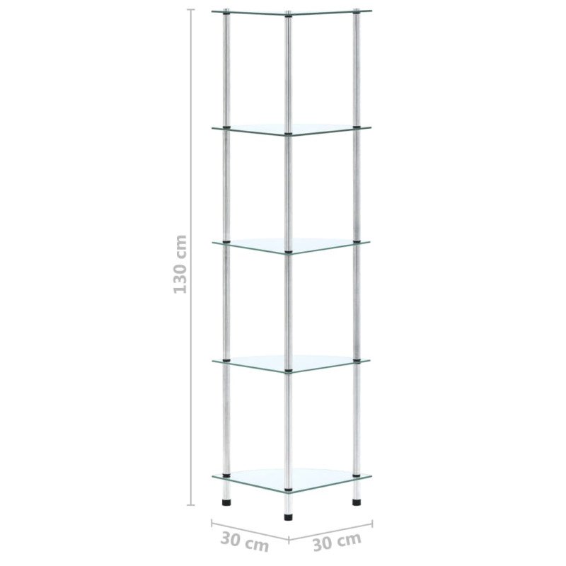 vidaXL Regál s 5 policami, priehľadný 30x30x130 cm, tvrdené sklo