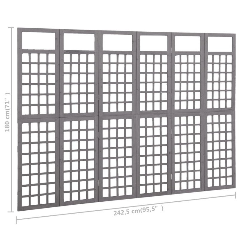 vidaXL Deliaca stena/mriežka, 6 panelov jedľový masív sivá 242,5x180cm