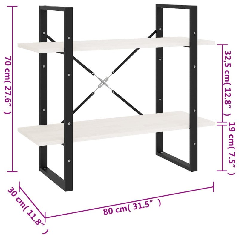 vidaXL Knižnica s 2 policami biela 80x30x70 cm masívna borovica 