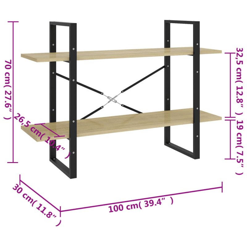 vidaXL Knižnica s 2 policami dub sonoma 100x30x70 cm drevotrieska