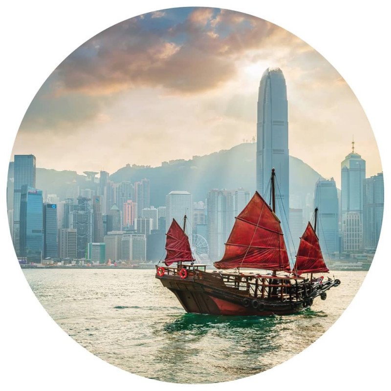 WallArt Kruhová tapeta Skyline with Junk Boat 142,5 cm