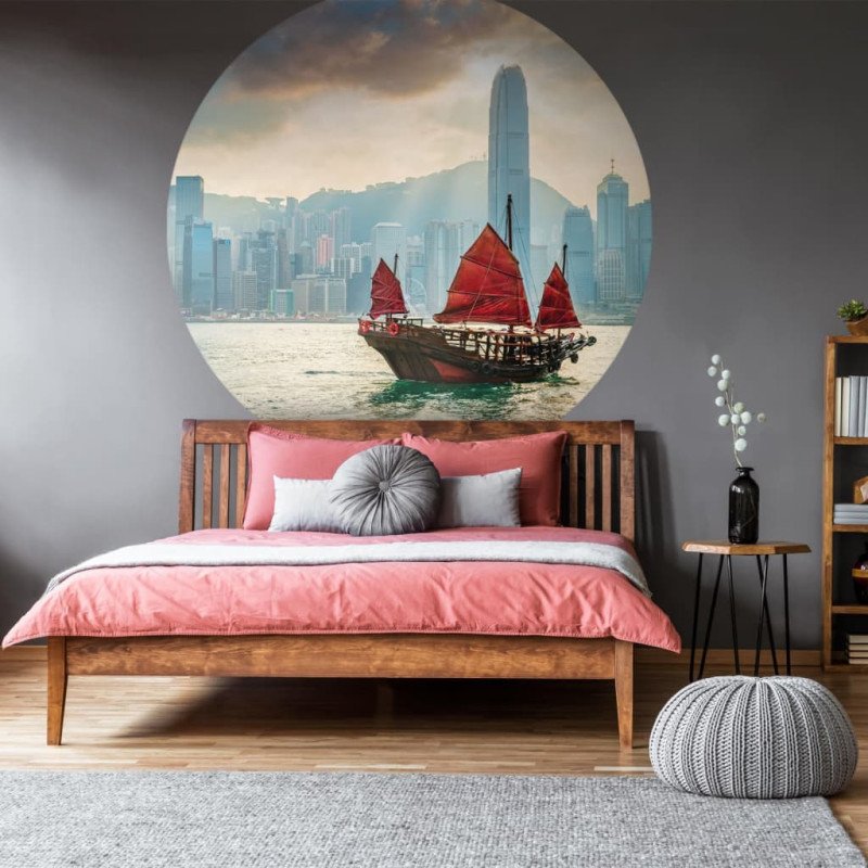 WallArt Kruhová tapeta Skyline with Junk Boat 142,5 cm