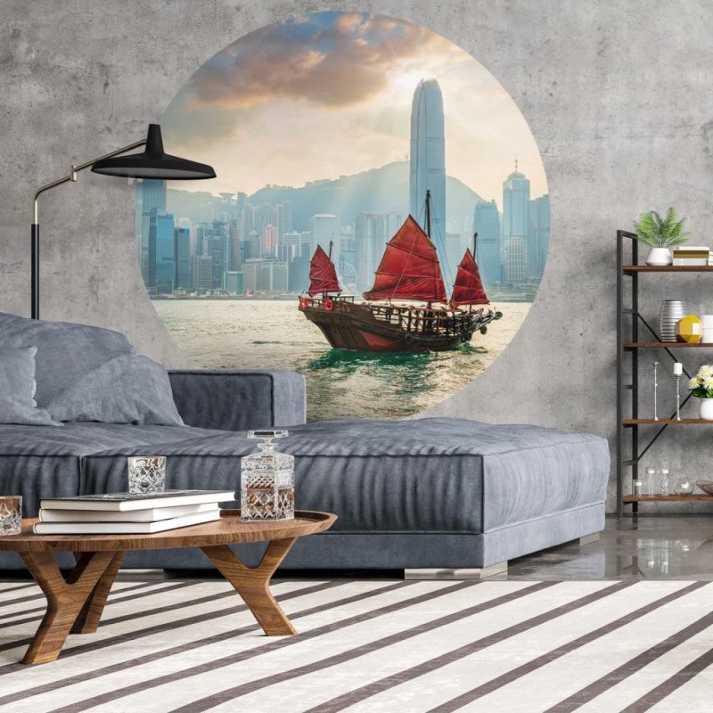WallArt Kruhová tapeta Skyline with Junk Boat 142,5 cm