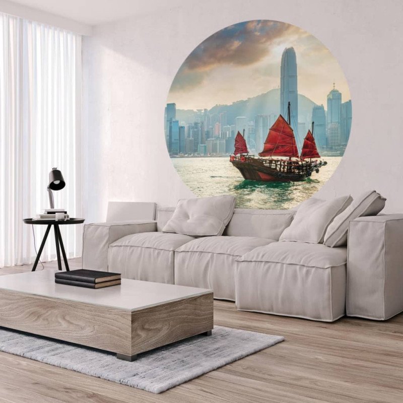 WallArt Kruhová tapeta Skyline with Junk Boat 142,5 cm
