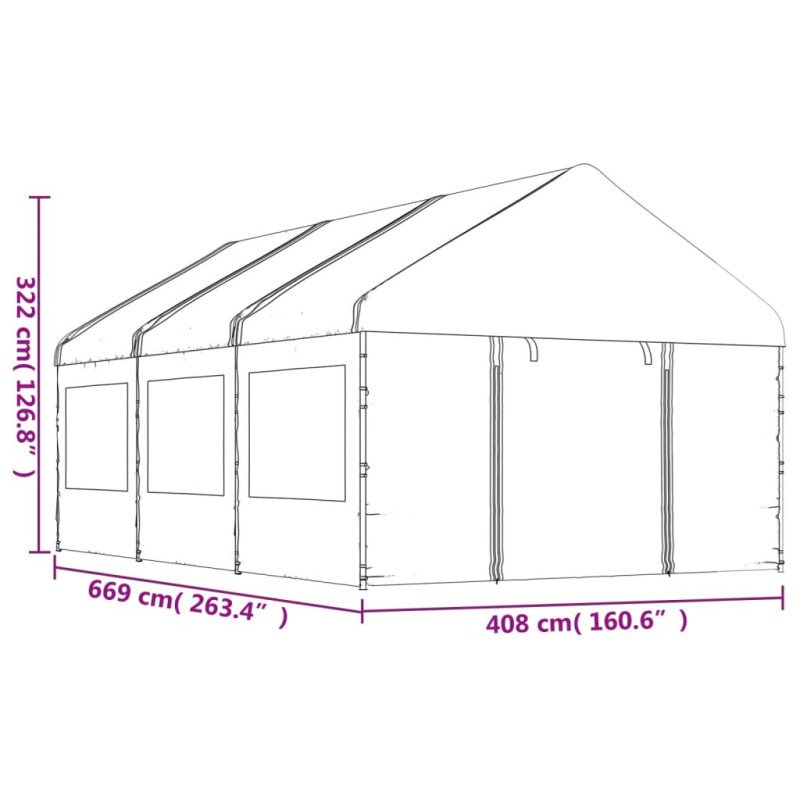 vidaXL Altánok so strechou, biely 6,69x4,08x3,22 m, polyetylén