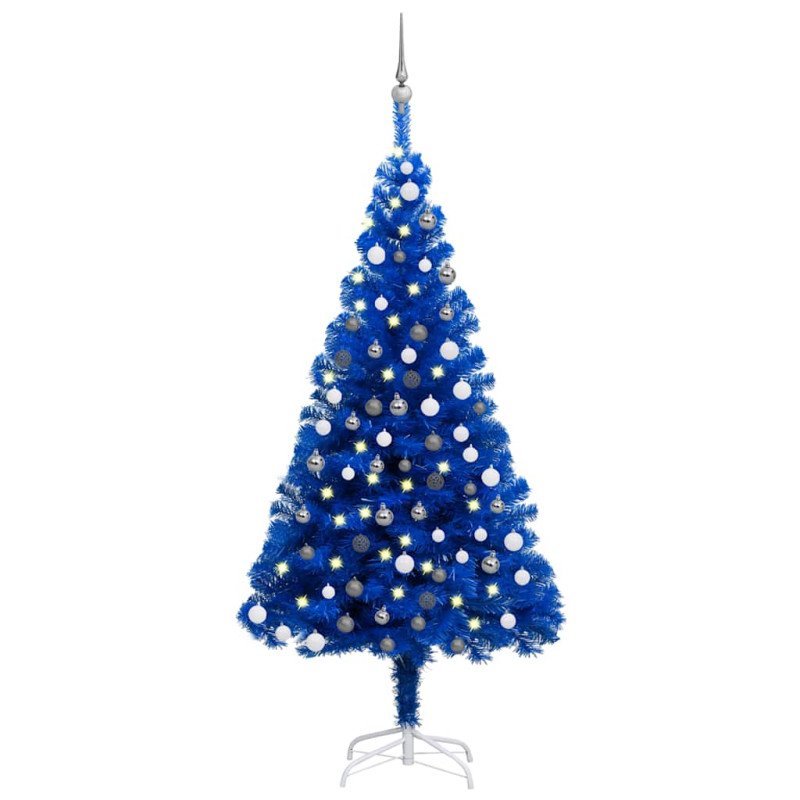 vidaXL Osvetlený umelý vianočný stromček s guľami, modrý 120 cm, PVC