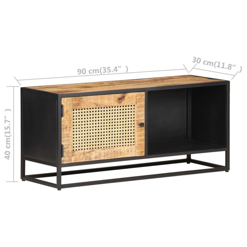 vidaXL TV skrinka 90x30x40 cm surový mangovníkový masív a prírodný rákos