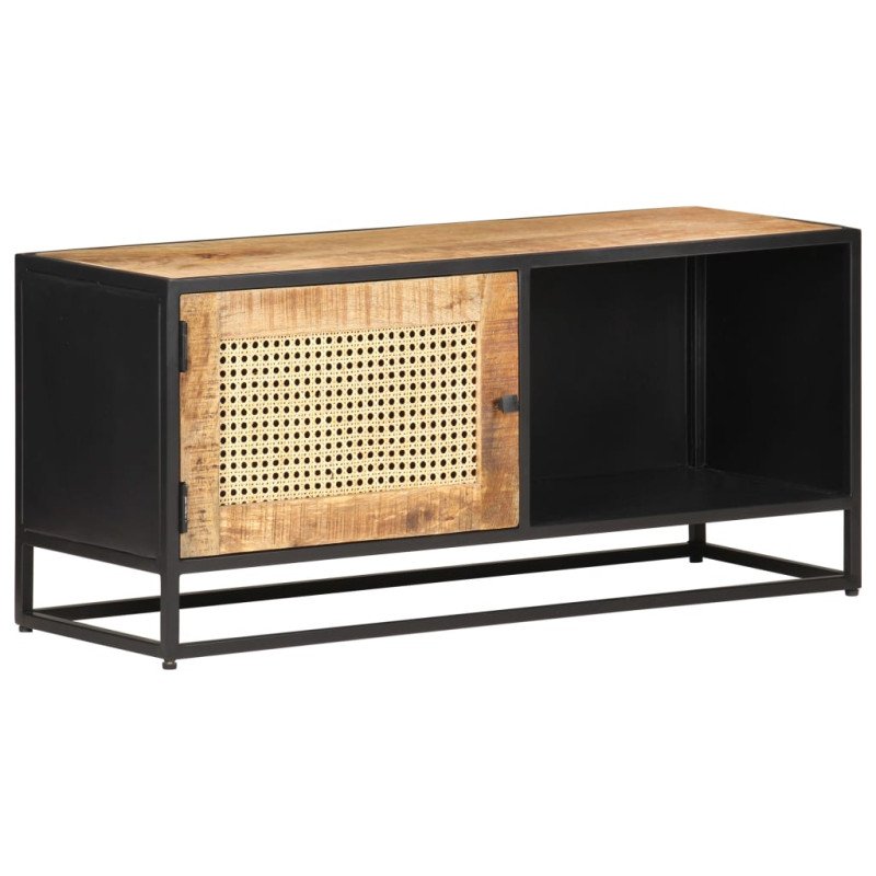 vidaXL TV skrinka 90x30x40 cm surový mangovníkový masív a prírodný rákos