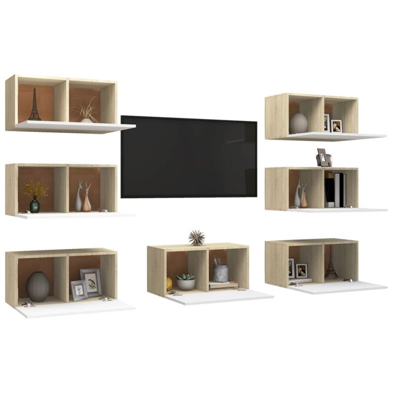 vidaXL TV skrinky 7 ks biele a dub sonoma 30,5x30x60 cm drevotrieska