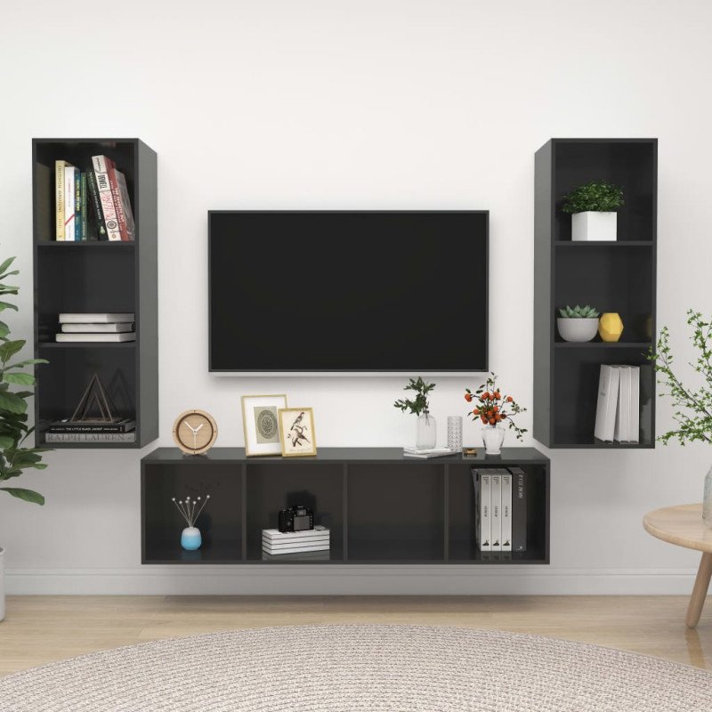 vidaXL 3-dielna súprava TV skriniek lesklá sivá drevotrieska