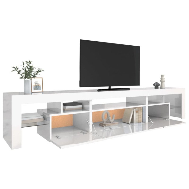 vidaXL TV skrinka s LED svetlami lesklá biela 215x36,5x40 cm