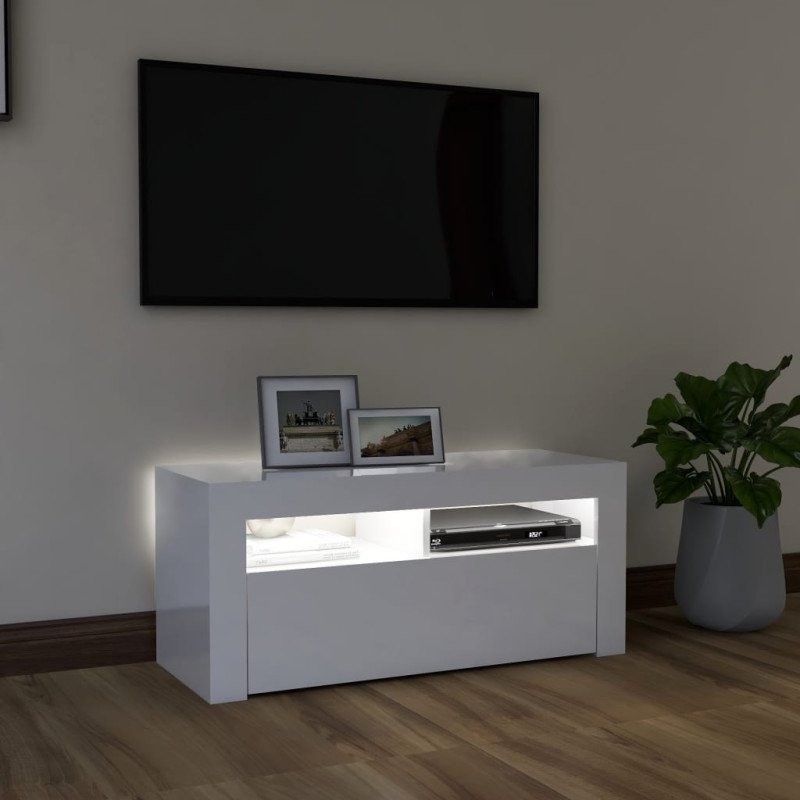 vidaXL TV skrinka s LED svetlami lesklá biela 90x35x40 cm
