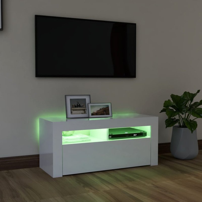 vidaXL TV skrinka s LED svetlami lesklá biela 90x35x40 cm
