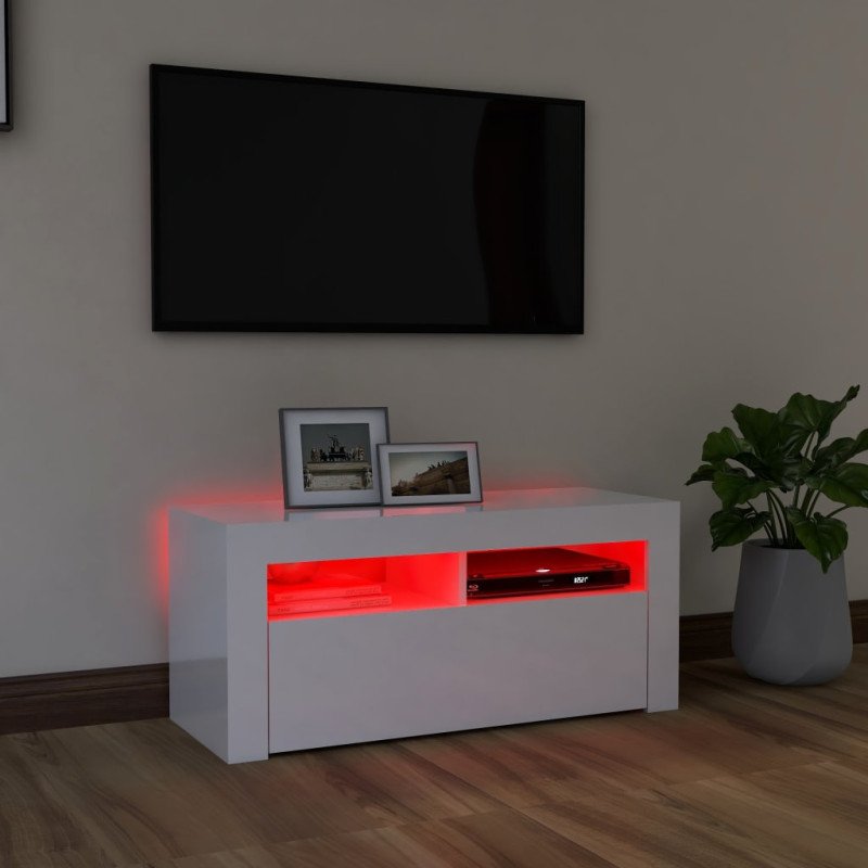 vidaXL TV skrinka s LED svetlami lesklá biela 90x35x40 cm