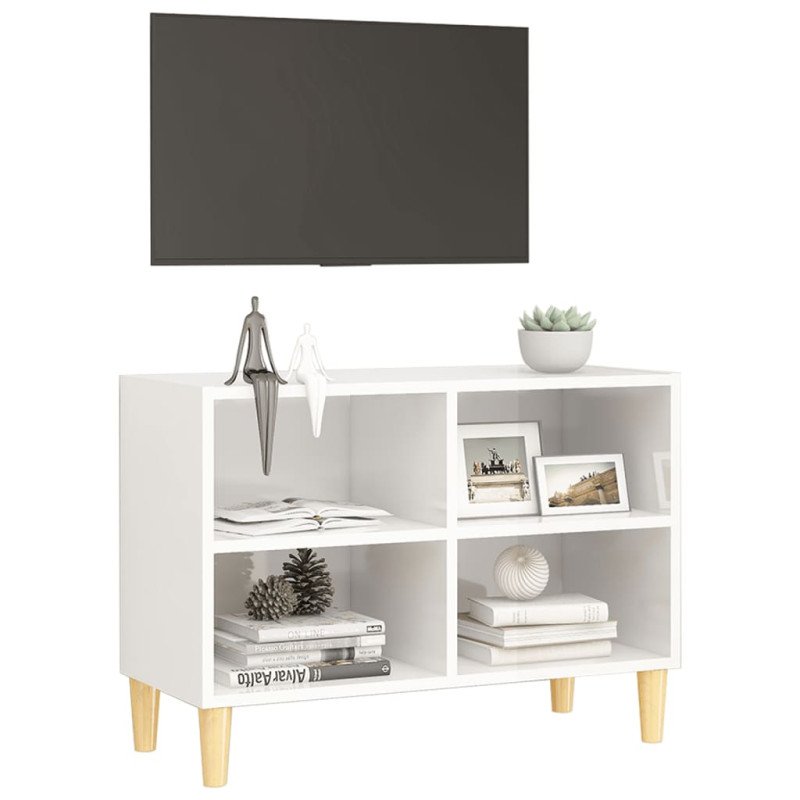 vidaXL TV stolík nohy z masívneho dreva lesklý biely 69,5x30x50 cm
