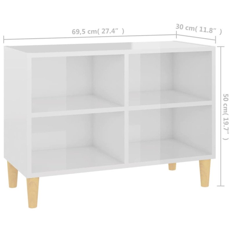 vidaXL TV stolík nohy z masívneho dreva lesklý biely 69,5x30x50 cm