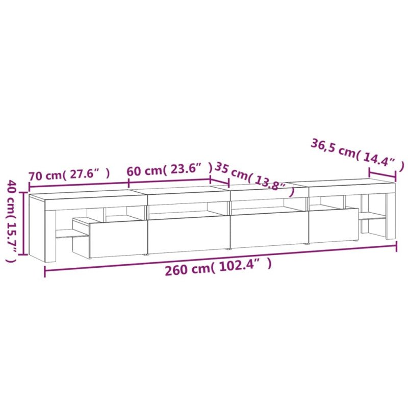 vidaXL TV skrinka s LED svetlami dub sonoma 260 x 36,5 x 40 cm