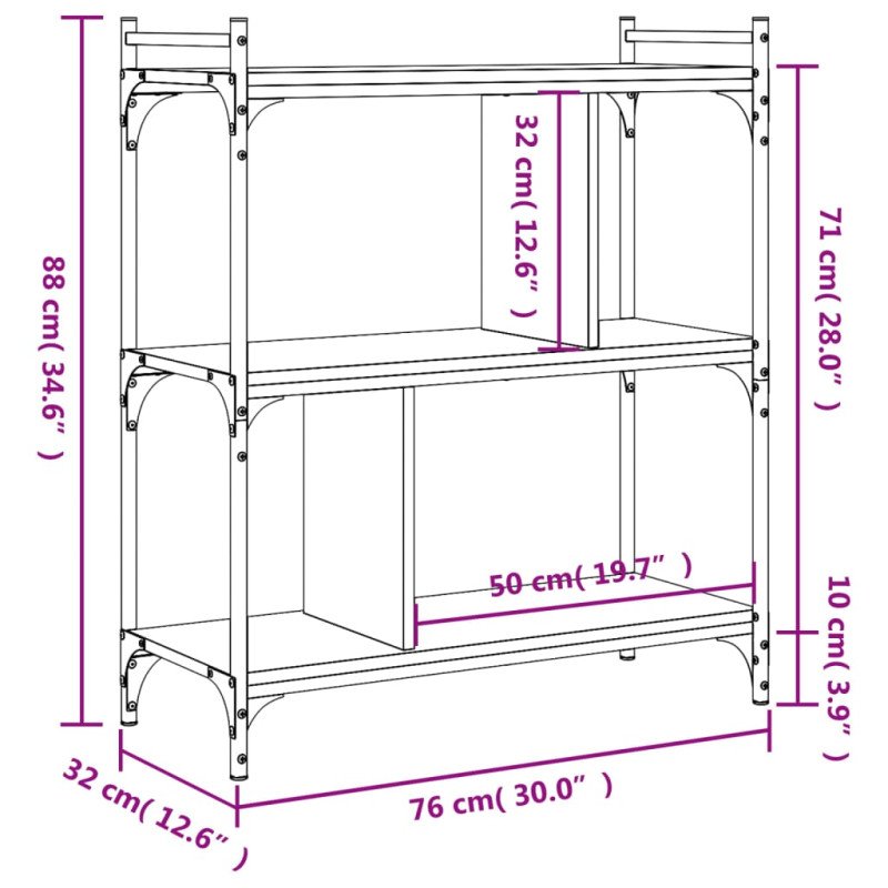 vidaXL Knižnica 3-poschodová hnedý dub 76x32x88 cm kompozitné drevo