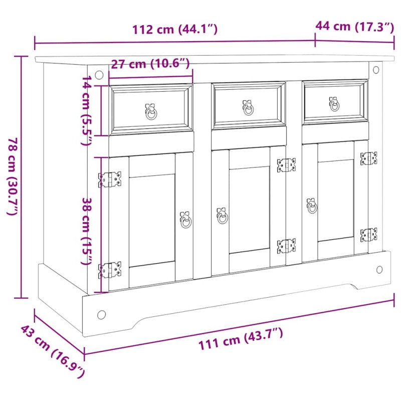 vidaXL Komoda Corona, hnedá 112x43x78 cm, masívna mexická borovica