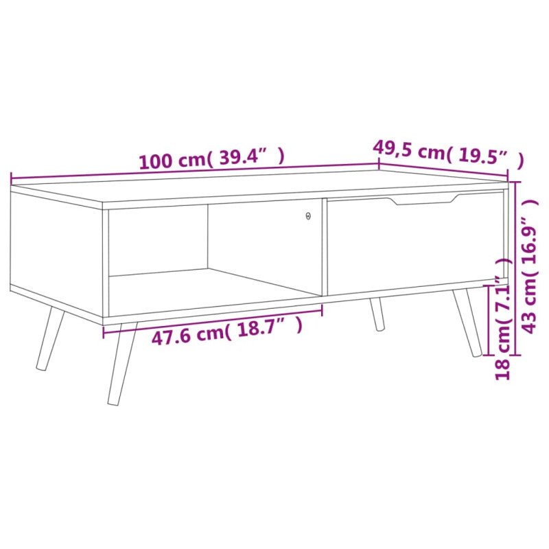 vidaXL Konferenčný stolík biely 100x49,5x43 cm drevotrieska