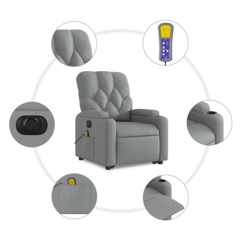 vidaXL Zdvíhacie sklápacie elektrické masážne kreslo svetlosivé látka