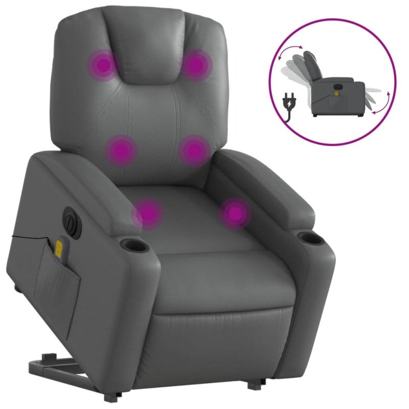 vidaXL Elektrické zdvíhacie masážne sklápacie kreslo sivé umelá koža