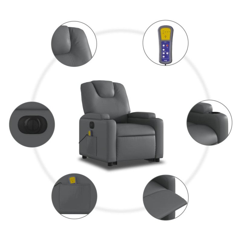 vidaXL Elektrické zdvíhacie masážne sklápacie kreslo sivé umelá koža