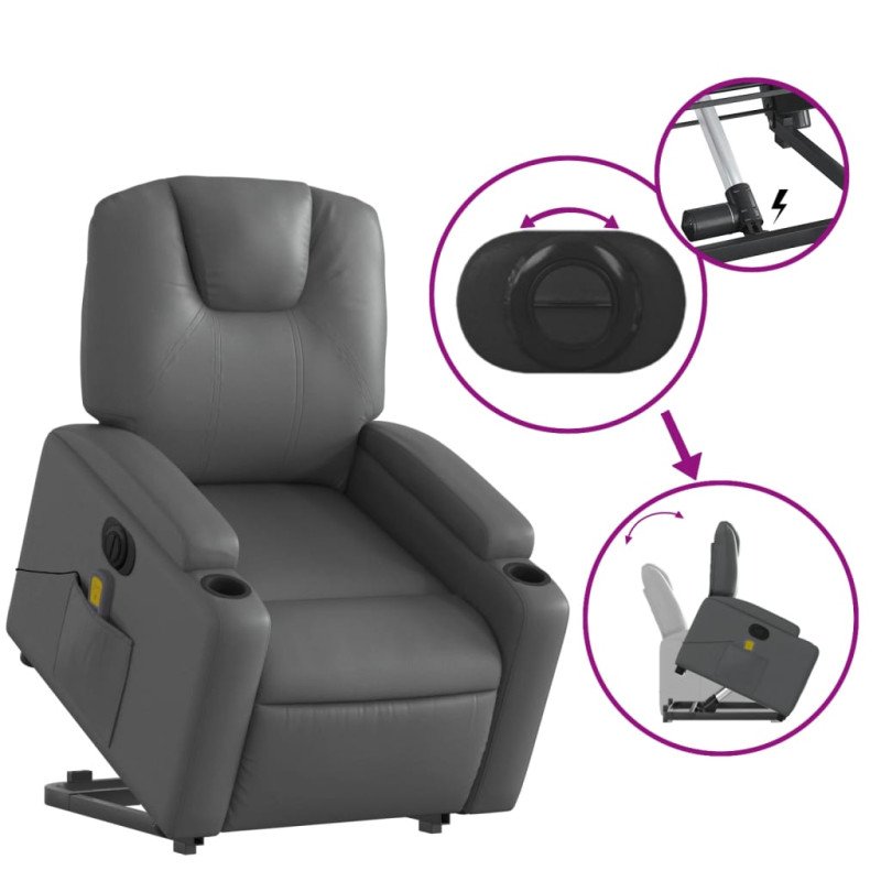 vidaXL Elektrické zdvíhacie masážne sklápacie kreslo sivé umelá koža