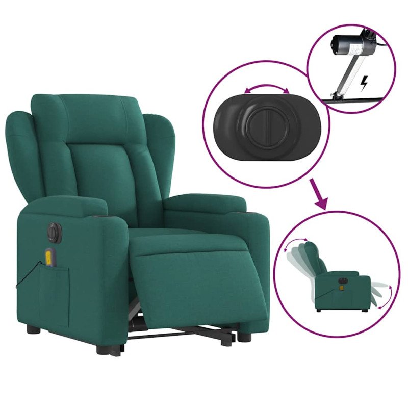 vidaXL Zdvíhacie sklápacie elektrické masážne kreslo tmavozelené látka