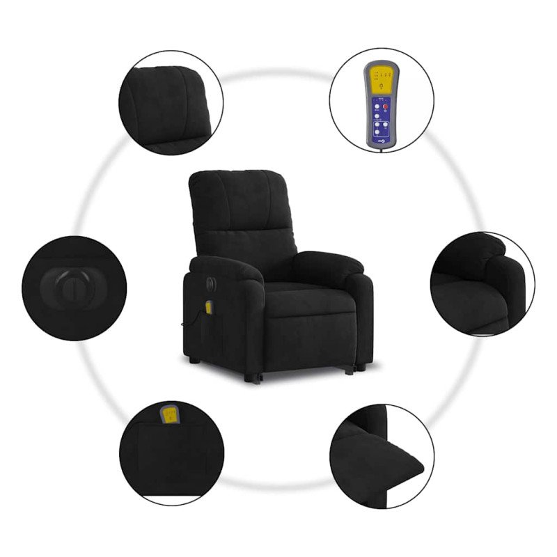vidaXL Elektr. zdvíhacie masážne skláp. kreslo čierne mikrovl. látka