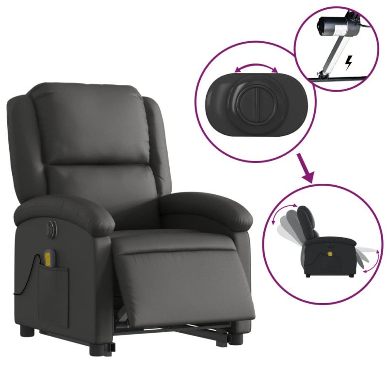 vidaXL Elektrické zdvíhacie masážne sklápacie kreslo čierne pravá koža