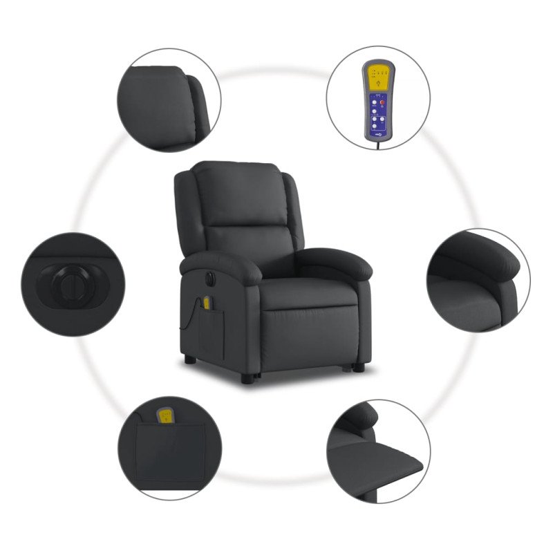 vidaXL Elektrické zdvíhacie masážne sklápacie kreslo čierne pravá koža